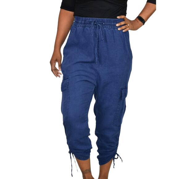 Zara Pants - Zara Cargo Pants Blue High Waisted Ruched Crop Jogger Elastic Linen Size Small